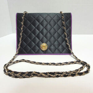Lisette Black Quilted Evening Bag Purse Crossbody Clutch with Purple Trim